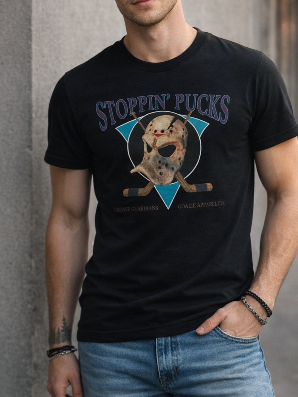 Crease Guardians “Stoppin’ Pucks” Goalie Tee •Hockey Graphic Shirt